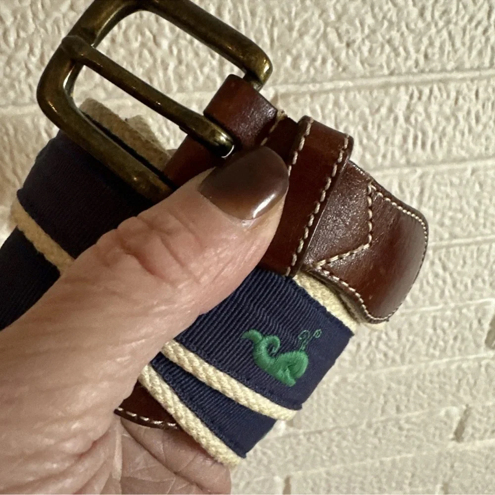 J. Crew Navy Canvas Belt with Green Whale Embroidery & Brown Leather Trim 34